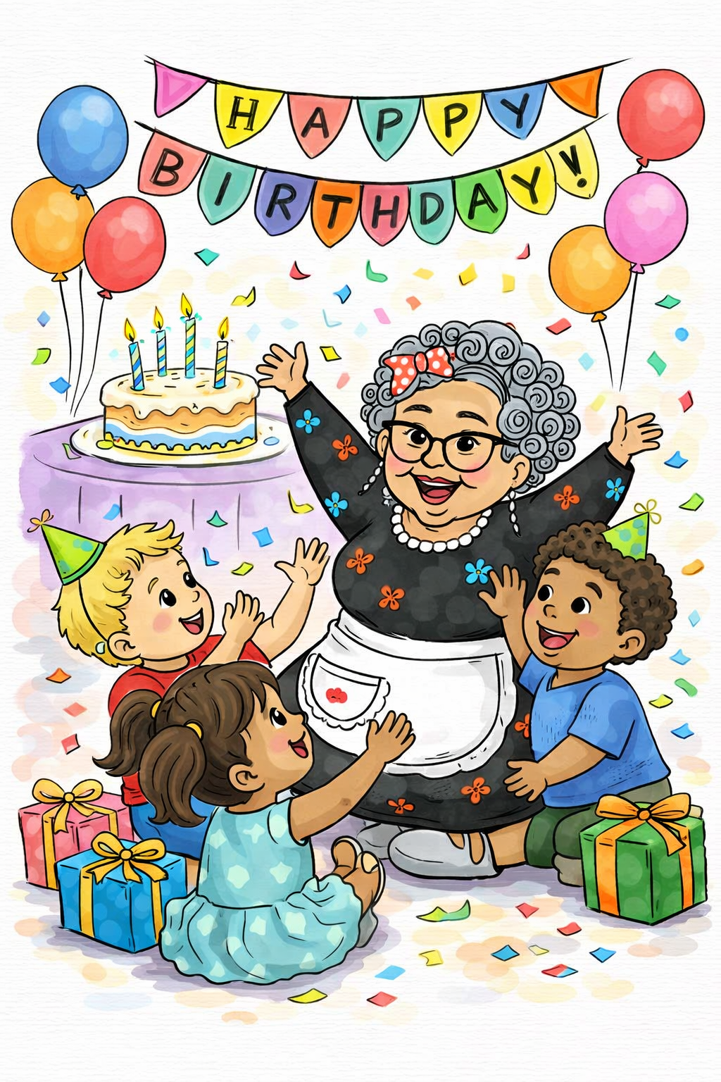 Grammy Z celebrating and playing with children at a birthday party!
